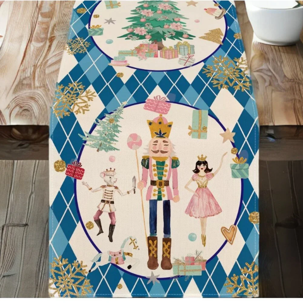 Nutcracker Table Runner Christmas Decor Holiday Xmas Decoration Blue Cloth 13x72